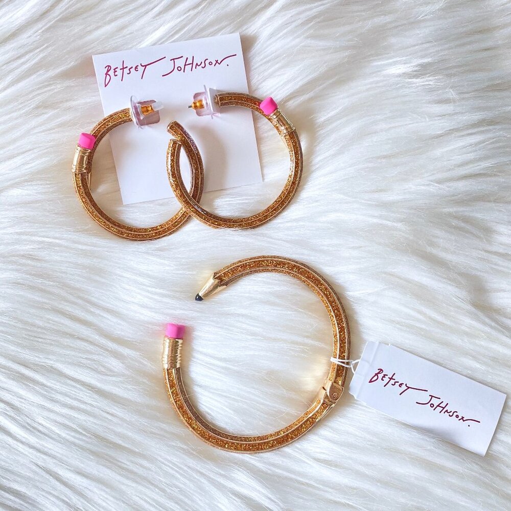 NWT Betsey Johnson Glitter Pencil Earrings and Bracelet Set Gold Sparkly School